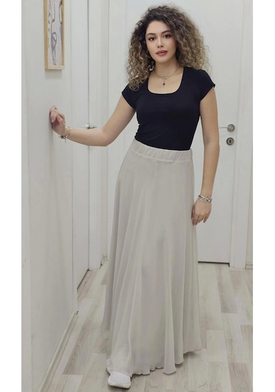 Lodmela Bel Lastikli Kloş Şifon Etek 6003-taş Taş