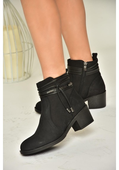 Fox Shoes T555703303 Siyah Hakiki Deri Kalın Topuklu Kadın Bot Siyah