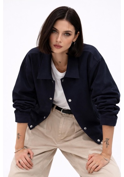Kadın Oversize Basic Gabardin Mevsimlik Polo Yaka Ceket-385 Lacivert