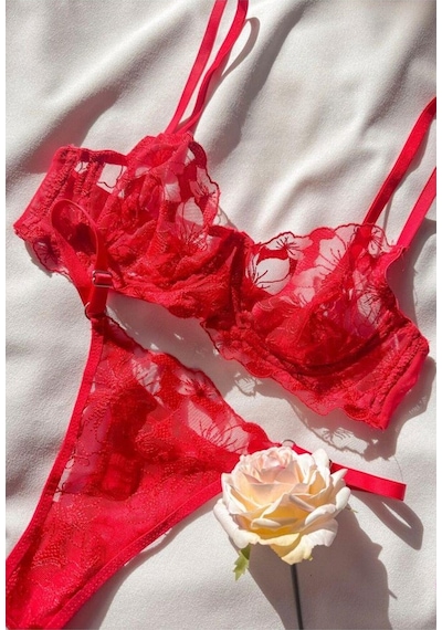 La Linaa Rose Kırmızı Tanga Külotlu Sütyen Takımı-kırmızı Kırmızı