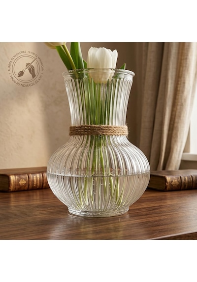 Deconox Pure Model El Yapımı Üfleme Cam Küçük Vazo - Şeffaf Optikli Dekoratif Çiçeklik 13x7 Cm Diğer