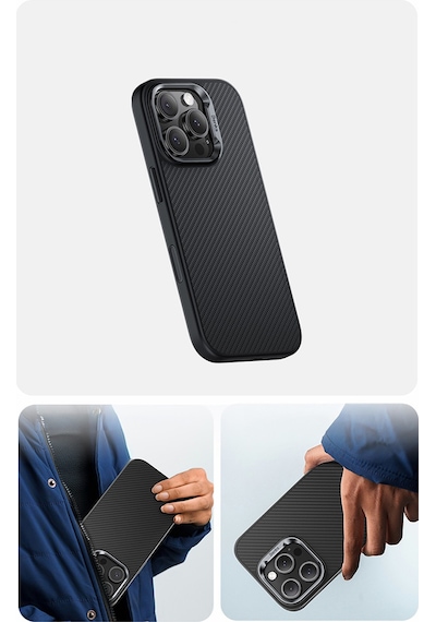 Apple Uyumlu iPhone 16 Pro Max Kılıf Karbon Fiber M-safe Kamera Kontrol Butonlu Benks Hybrid Armorpro 600d Kevlar Siyah
