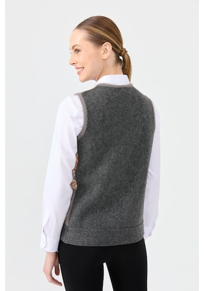 Desen Triko Kadın Sıfır Yaka Patchwork Arkası Keçe Kısa Yün Yelek 24074 Füme Füme