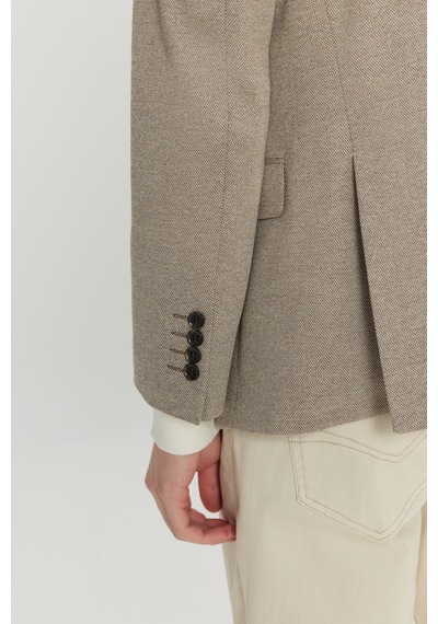 Premıum Altınyıldız Erkek Bej Yünlü Regular Fit Mono Yaka Kapak Cepli Armürlü Blazer Ceket