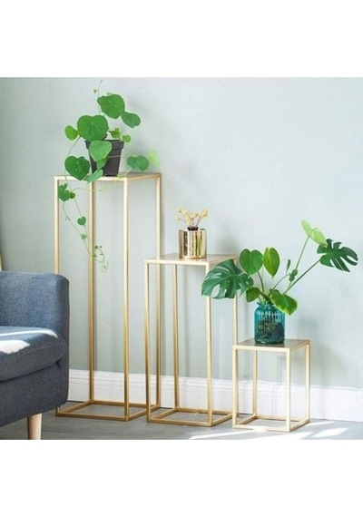 Pera Gold Metal Üçlü Set Çiçeklik Ve Saksılık