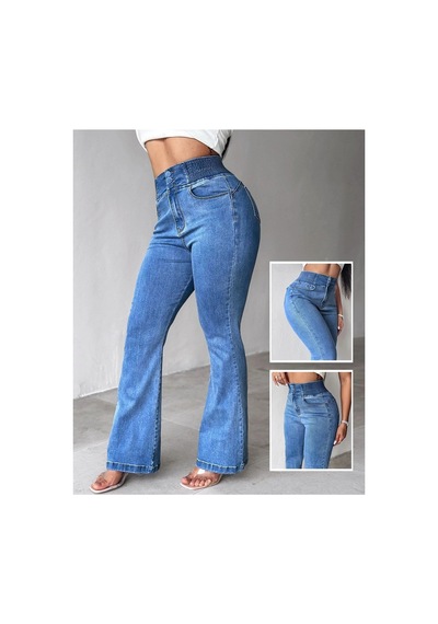 Butik İstanbul Kadın Yüksek Bel Yanları Lastik Önü Düğmeli Kot Pantolon Mavi