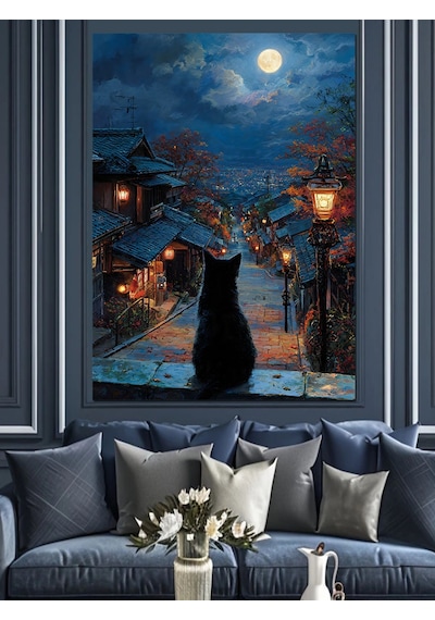 Ahşap Tablo Sokakta Duran Kedi Silüeti