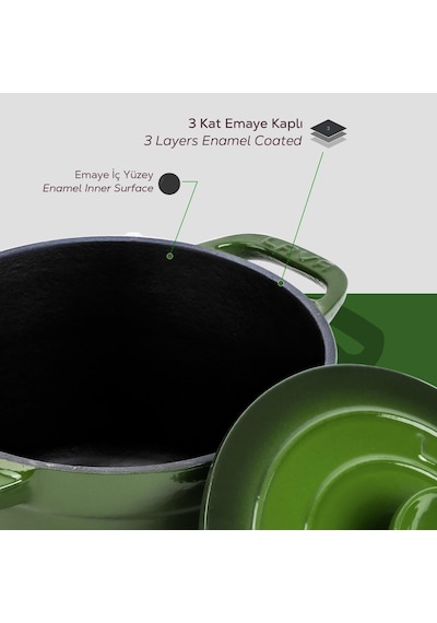 Döküm Yuvarlak Tencere Döküm Demir Kapak Experience Serisi Çap Ø 23cm Yeşil Belirtilmemiş
