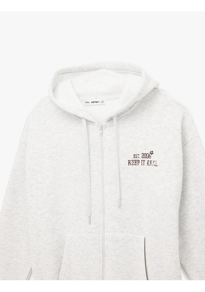 Koton Şardonlu Rahat Kalıp Cepli Uzun Kollu Fermuarlı Arkası Baskılı Kapüşonlu Sweatshirt Kar Melanj 6sal10260ık Gri Melanj