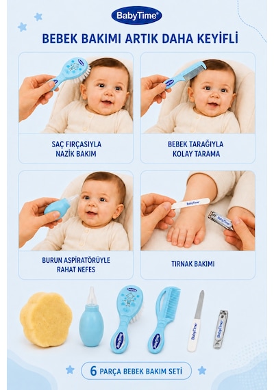 Babytime 6'lı Bebek Bakım Seti Mavi Burun Aspiratörü - Tarak - Fırça - Tırnak Makası ve Törpü Ak512