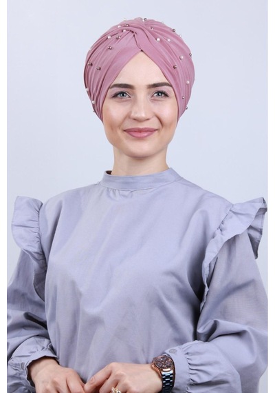 Melodi Scarf Kadın Tesettür İncili Taşlı Vera Dış Bone Pudra Pudra