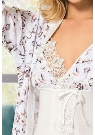 Angel's Story 9530 Kadın Saten İp Askılı Sabahlıklı Pijama Takım-ekru Ekru