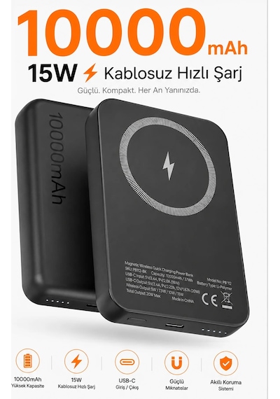 Exenar - Siyah - İphone İle Uyumlu Magsafe Powerbank Kablosuz 15w Hızlı Şarj 20w Usb-c Hızlı Şarj Qi