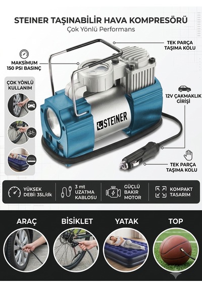 Steiner 12v Çakmaklık Girişli 150 Psi Mini Hava Kompresörü Mavi