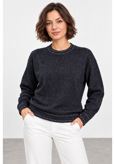 Bihan Store Kadın Simli Sıfır Yaka Triko Bluz W27-31629 - Lacivert