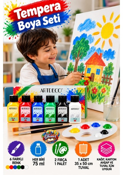 35x50 Tuval Ve 6x75 Ml Tempera Guaj Boya Seti Fırça Ve Paletli Set Artdeco Çok Renkli
