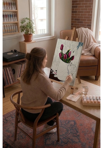 Sayılarla Boyama Seti 40 x 50 CM Tuval Şasesine Gerili Beyaz Vazodaki Kırmızı Laleler