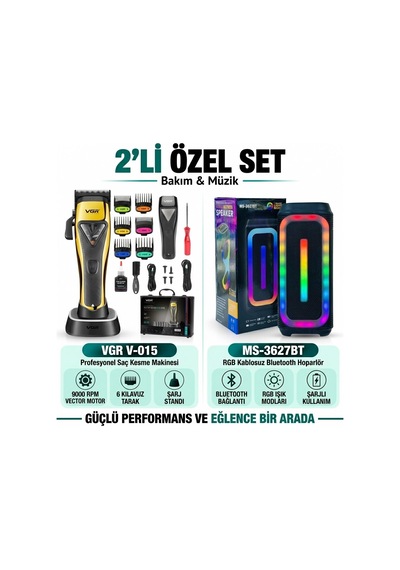 V-015 Saç Sakal Tıraş Makinesi 9000 Rpm & Ms-3627 Hoparlör Hediyeli