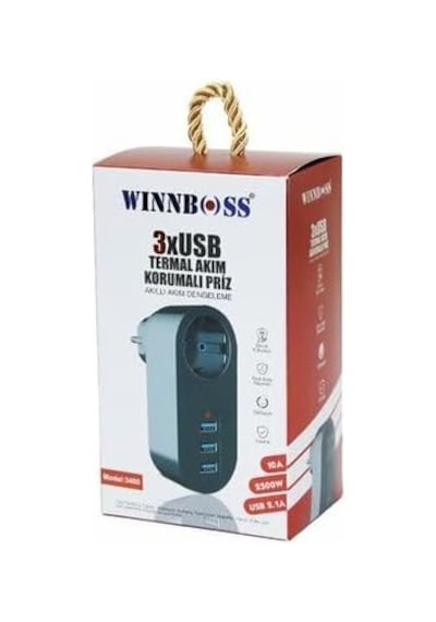 Winnboss Model-3400 Termal Akım Korumalı 1 Priz 3 Usb Duvar Tipi Priz, Chrmk7558