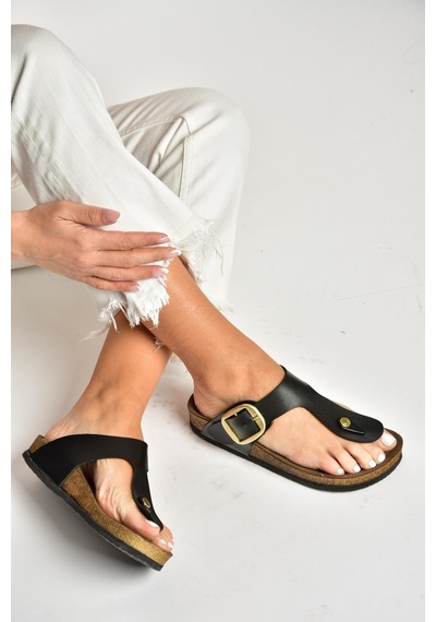 Fox Shoes U777917009 Siyah Parmak Arası Kadın Terlik Siyah-suni Deri Siyah