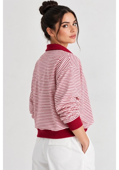 Mevese Çizgili Desen Polo Yaka Fermuarlı Oversize Kadın Sweatshirt - Bordo