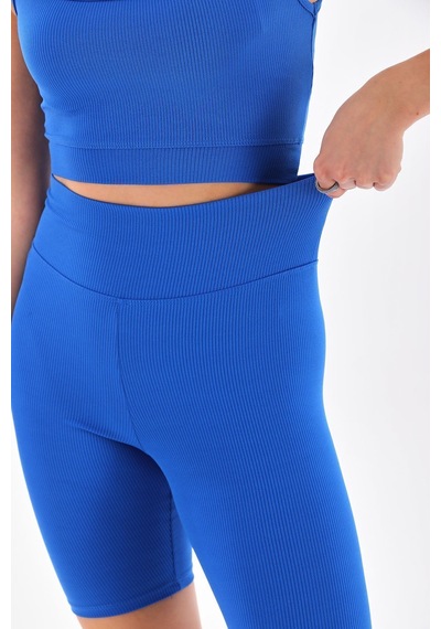 Kallima Mavi Toparlayıcı Esnek Fitilli Spor Crop-biker Tayt Takım