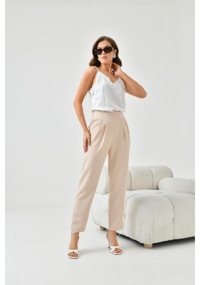Ftz Women Kadın Lastikli Pleli Dar Paça Pantolon Beige 30744-beige Bej