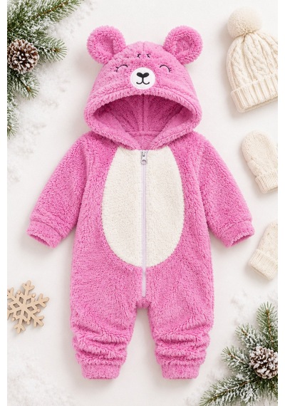 Kız Erkek Bebek Welsoft Peluş Tulum Kapüşonlu Fermuarlı Kışlık Bebek Tulumu Ayıcık Desenli Yumuşak Polar Tulum Gül Kurusu