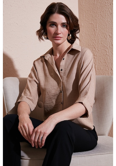 Lela Oversize Fit Önü Kısa Arkası Uzun Truvakar Kol Bayan Gömlek 5866116 Bej