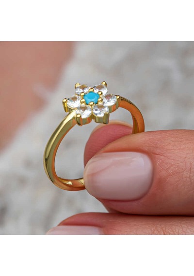 Gümüş Mavi Taşlı Gold Çiçek Kadın Yüzük Sl11531