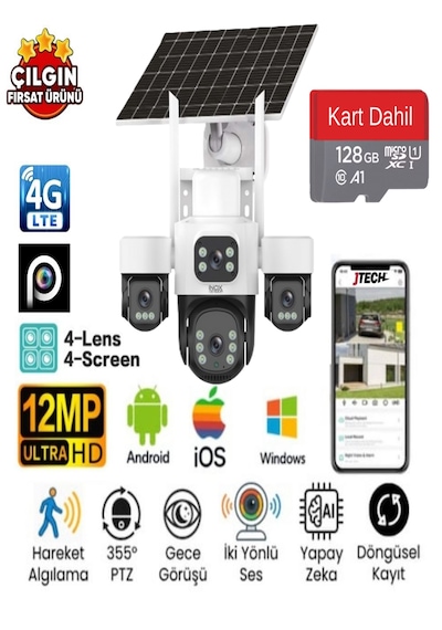 Inox X14 3mp+3mp+3mp+3mp 12mp 4g E-sim Kartlı 2xsolar Panelli 4 Lens 1 Ptz Akıllı Kamera + 128gb Sd Kart
