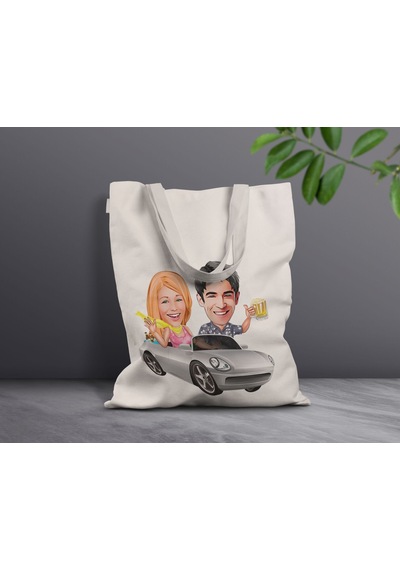 BK Gift Kişiye Özel Sevgililer Karikatürlü Kanvas Bez Çanta, Bask