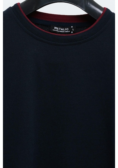 MMetalic Erkek Lacivert Çift Bisiklet Yaka Baskı Detaylı Standart Rahat Kesim Sweatshirt Lacivert