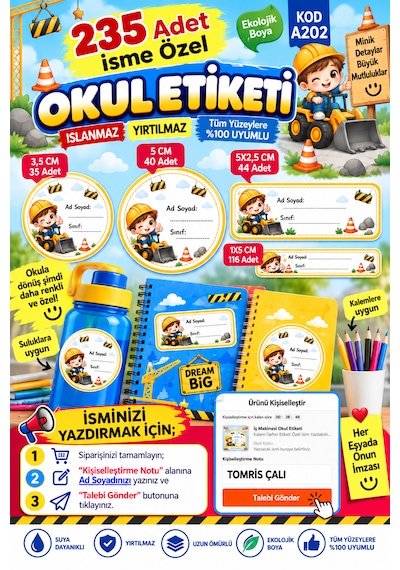 Renkli İnşaat Temalı Okul Etiketi Kalem Defter 235 Adet Özel İsim Yazılabilen Sticker Çok Renkli