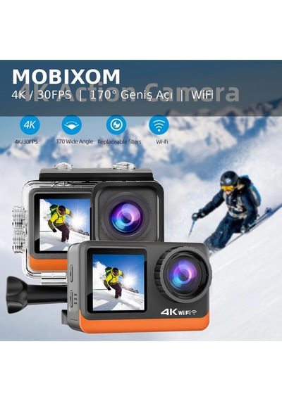 4k 60fps Aksiyon Kamera 16mp, Wifi, 6 Eksen Eıs, 30m Su Geçirmez, Çift Ekran, Uzaktan Kumanda Siyah