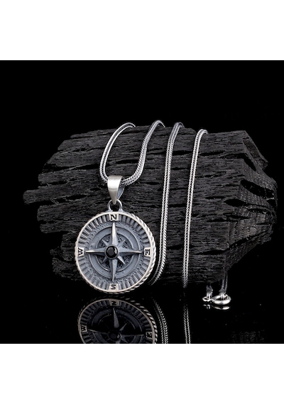 925 Ayar Gümüş Yön Pusulası Model Zirkon Taşlı Kolye