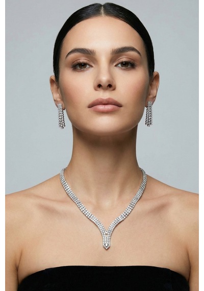 Valmont Accessories Zarif Su Yolu Kolye Ve Küpe Takı Seti - Düğün, Kına, Nişan, Gelin Aksesuarı Gümüş