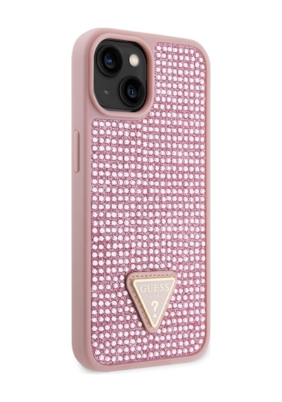 Apple iPhone 14 Uyumlu Kılıf Guess  Lisanslı Taşlı Arka Yüzey Üçgen Logolu Kapak Pembe