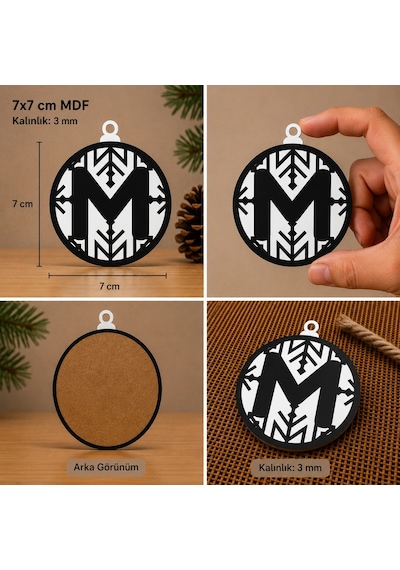 M Harf Yılbaşı Süsü Mdf Çam Ağacı Desenli Asılabilir Dekor 7x7 Cm