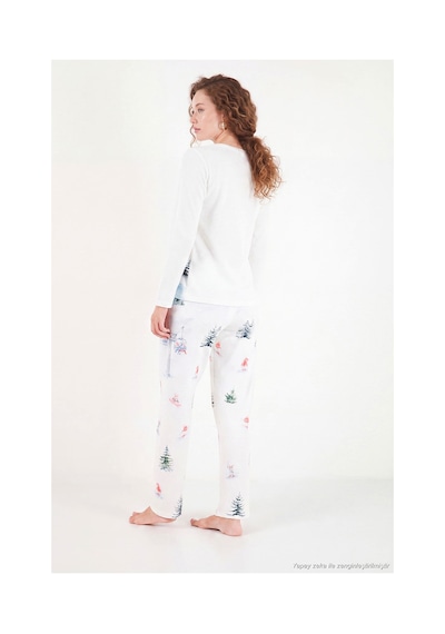 Lela Kış Temalı Bisiklet Yaka Uzun Kollu Pijama Takımı Kadın Pijama Takımı 6575019 Krem