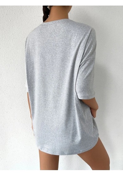 Gri Oversize Happıness Baskılı T-shirt - Oversize Unisex Gri