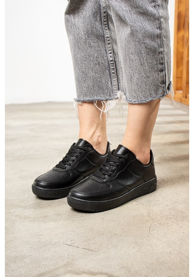 Günlük Unisex Sneaker Bağcıklı Hafif Kalın Tabanlı Spor Ayakkabı 1004 Siyah