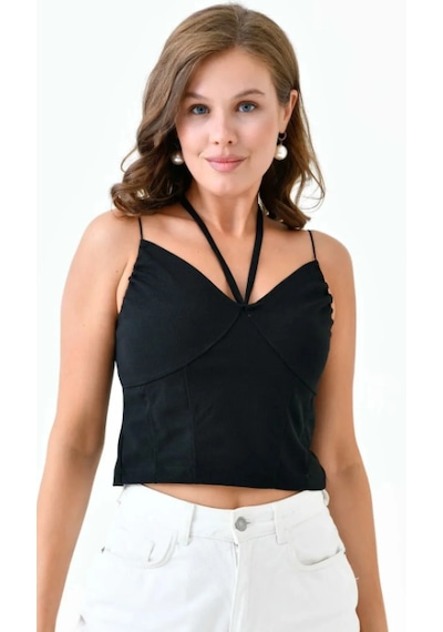 Vuvutasarım Kadın Krep Kumaş Boyun Bağlama Detaylı Askılı Siyah Crop Bluz 582455 Siyah