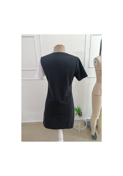 Butik İstanbul Kadın Kısa Kollu V Yakalı Çift Renklç Kısa Lazer Kesim Çiçek Detaylı Ithal Krep Elbise Siyah
