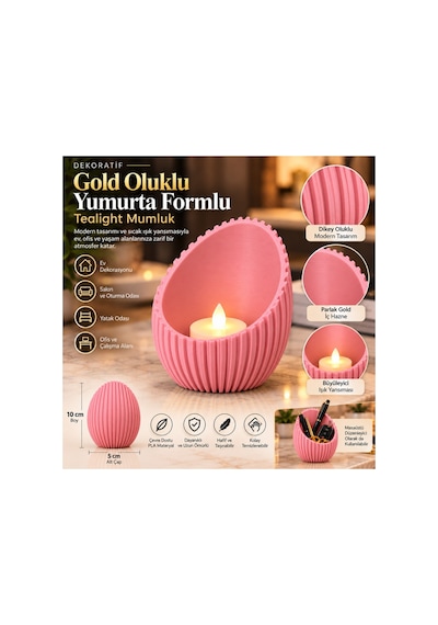 Dekoratif Oluklu Yumurta Formlu Tealight Mumluk Ve Masaüstü Düzenleyici 10x5 Cm - Pembe
