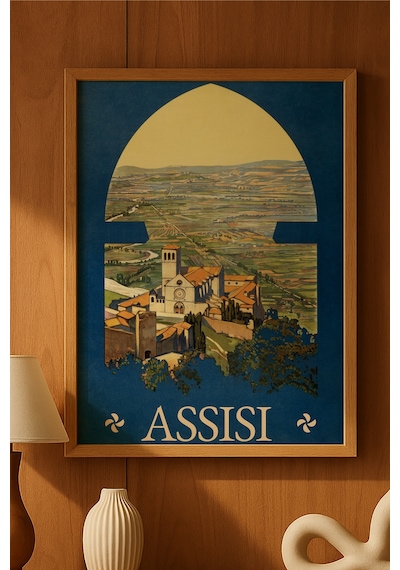 Assisi Doğal Ahşap Çerçeveli Poster, Dekoratif Seyahat Duvar Tablosu