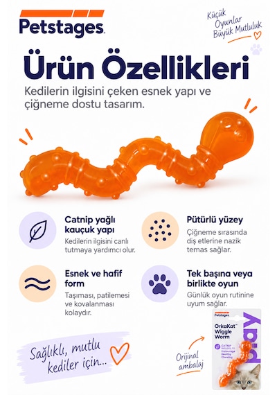 Petstages Orka Cat Wiggle Worm Renkli Solucan Şeklinde Catnipli Kedi Çiğneme Oyuncağı