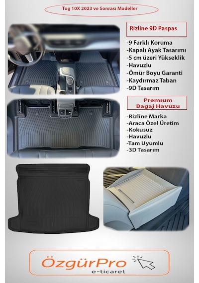 Rizline Tog T10x 2023 Sonrası 9d Premıum Paspas-organizer Bej-premıum Bagaj Havuzu 3'lü Set
