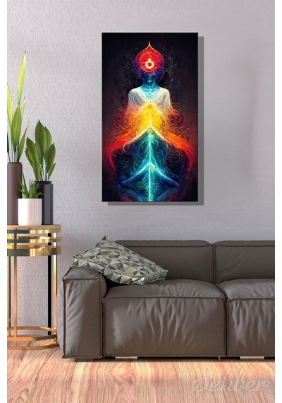 Dekoratif Dikey Kanvas Tablo Tekli Yoga Salonu Ev Ofis Enerji Akışı Çakralara Sahip İnsan Silüeti 2177