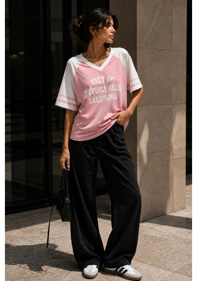 Bbbutikbasic Baskılı Oversize V Yaka Salaş Tişört My3535 Pembe